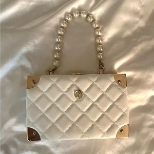 White Clutch Purse with Pearl Chain and Gold Accents